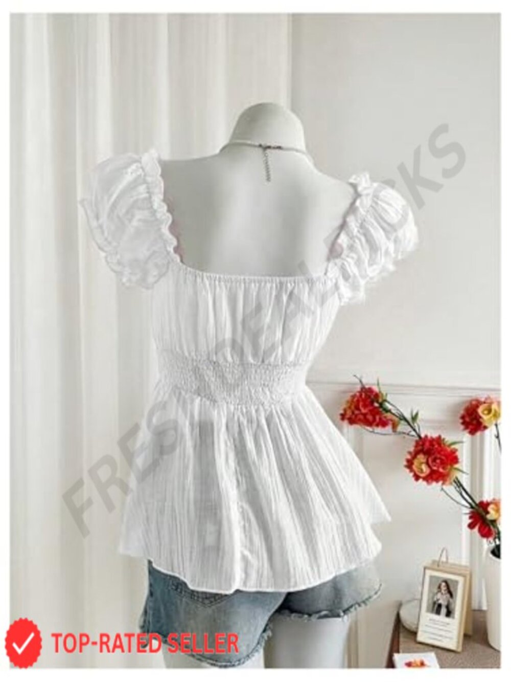 Women's Summer Puff Sleeve Peplum Blouse Smocked Tie Bow Chiffon Top Size XS-L - Picture 2 of 5